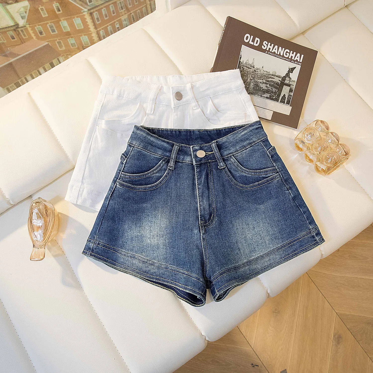 Personalized Blue Women's Denim Shorts Summer American Style High Street High Waist Slim Shorts Casual Loose Zipper Hot Pants