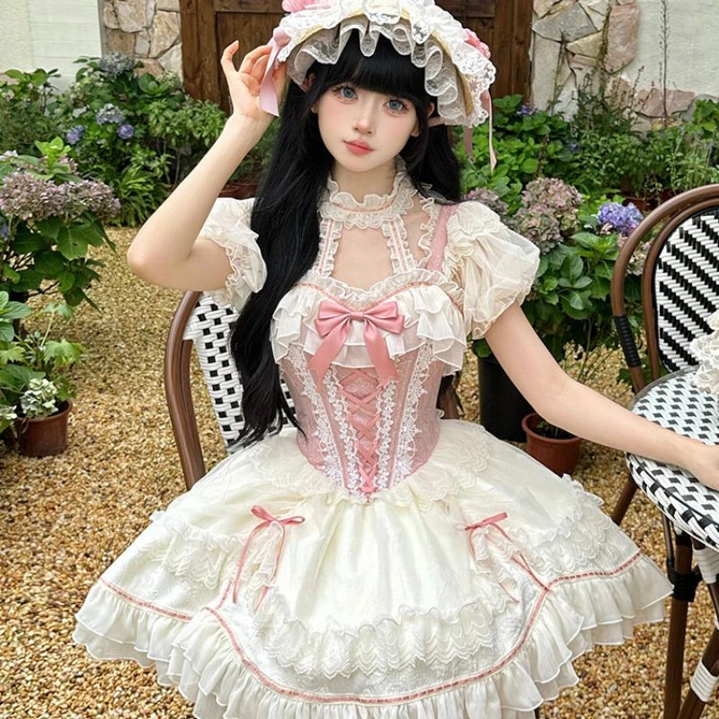 

Spring and Summer Japanese Lace Edge Round Neck Tube Top Bow Pink and White Color Matching Short Sleeve Waist Thin Dress Women