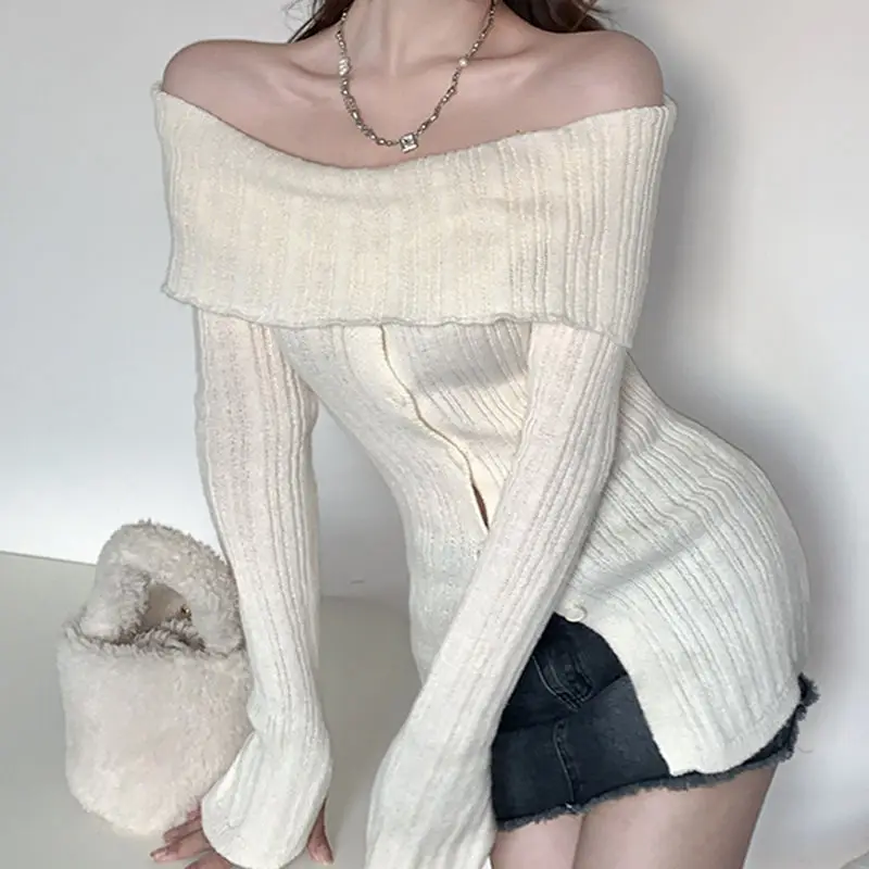 Sweater One-Piece Collar Button Solid Color Sexy Elegant Long Sleeve Casual Women'S Korean Fashion Retro Y2k Knitted Sweater