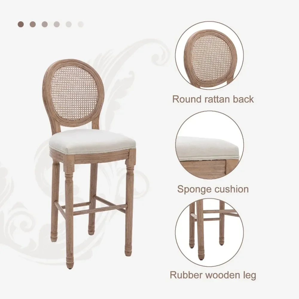 French Country Bar Stool Set of 4, Rattan Counter Height Chairs with Solid Wood Frame and Upholstered Seating, 26 Inch