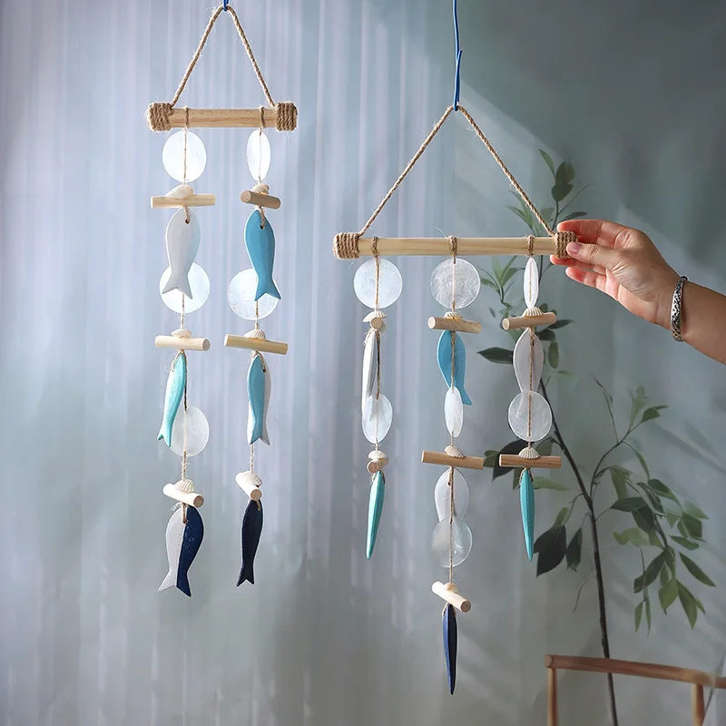 Mediterranean Wall Fish Skew Shell Pendant Decorations Homestay Hotel Solid Wood Rope Wind Chimes Hanging Photography Props