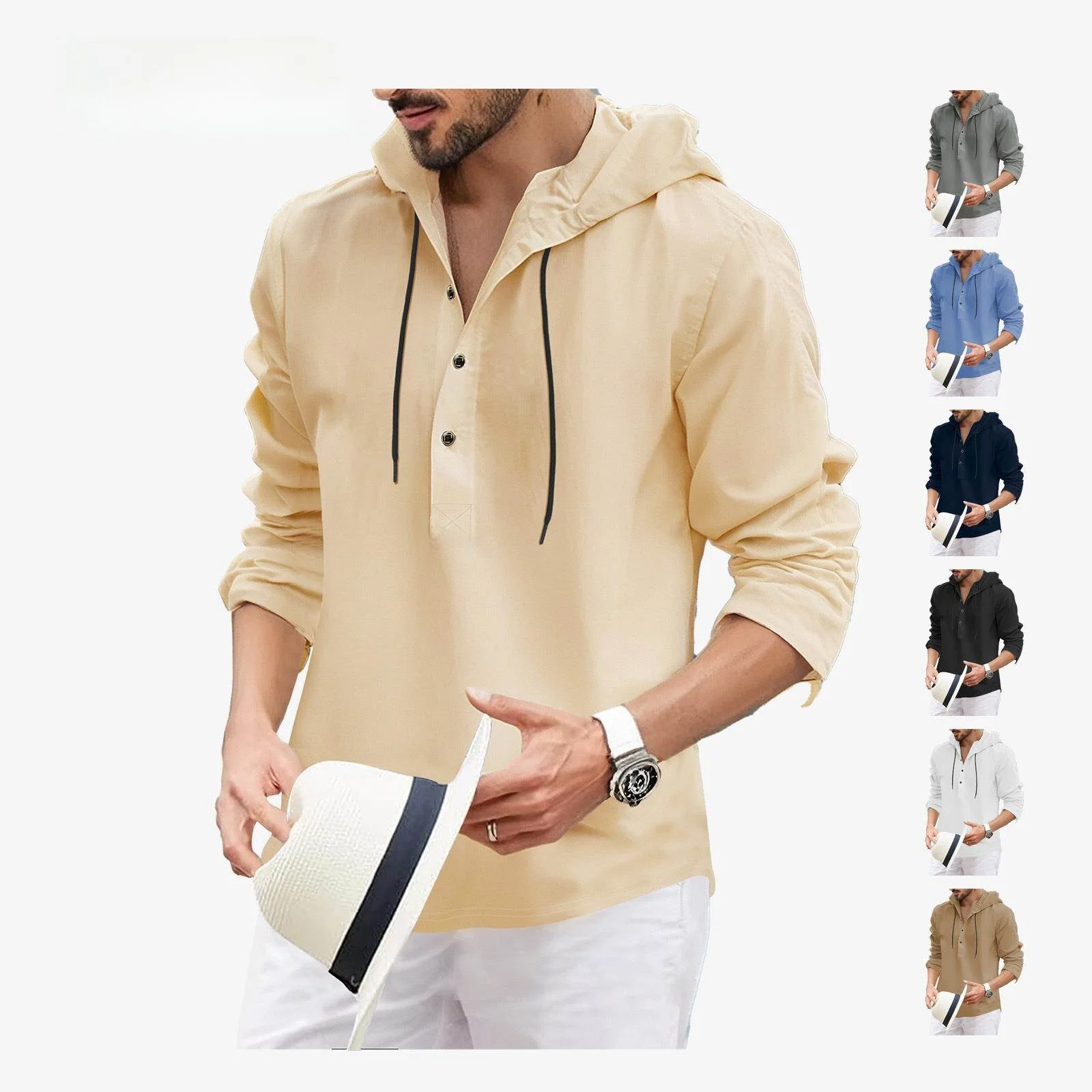 

American Style Semi Open Cardigan Summer Fashion Casual Sweat Cloth Hood Long Sleeve Men's Shirt Cross Border Top Buttoned