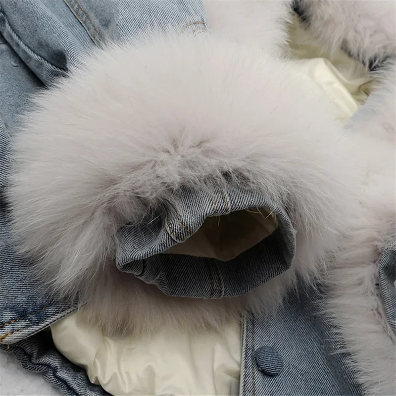 Winter Frauen Großen Fuchs Pelz Kragen Unten Baumwolle Liner Denim Jacke Kurze Cowboy Outwear Vintage Blau Große Tasche Jeans Jacke Weibliche