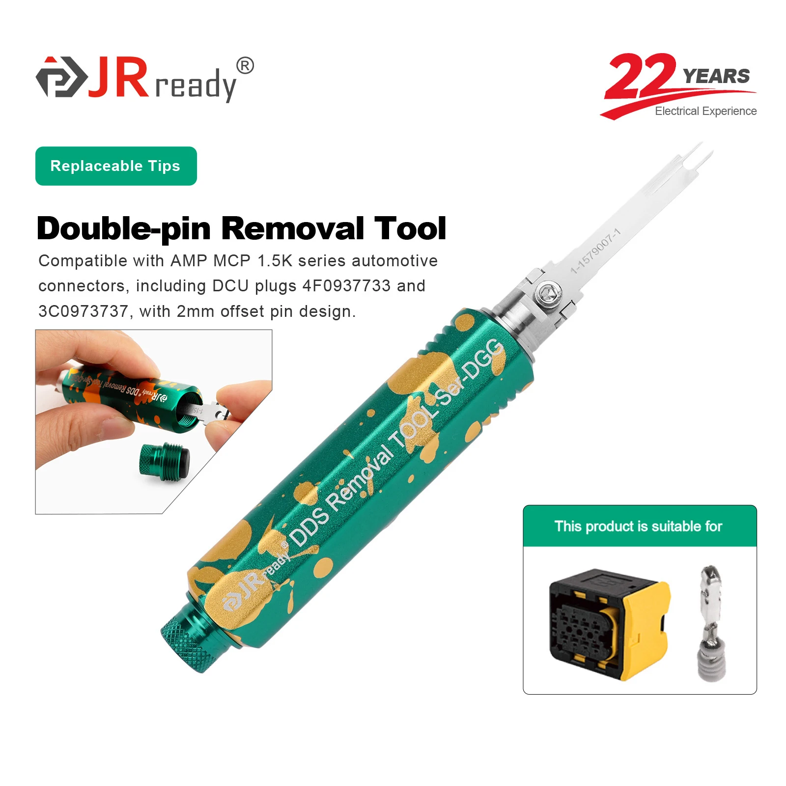 

Инструмент для извлечения двухконтактных клемм JRready JRDDS-1-1579007-1-01 для разъемов AMP MCP 1.5k, DCU (артикул: 4F0937733, 3C0973737)