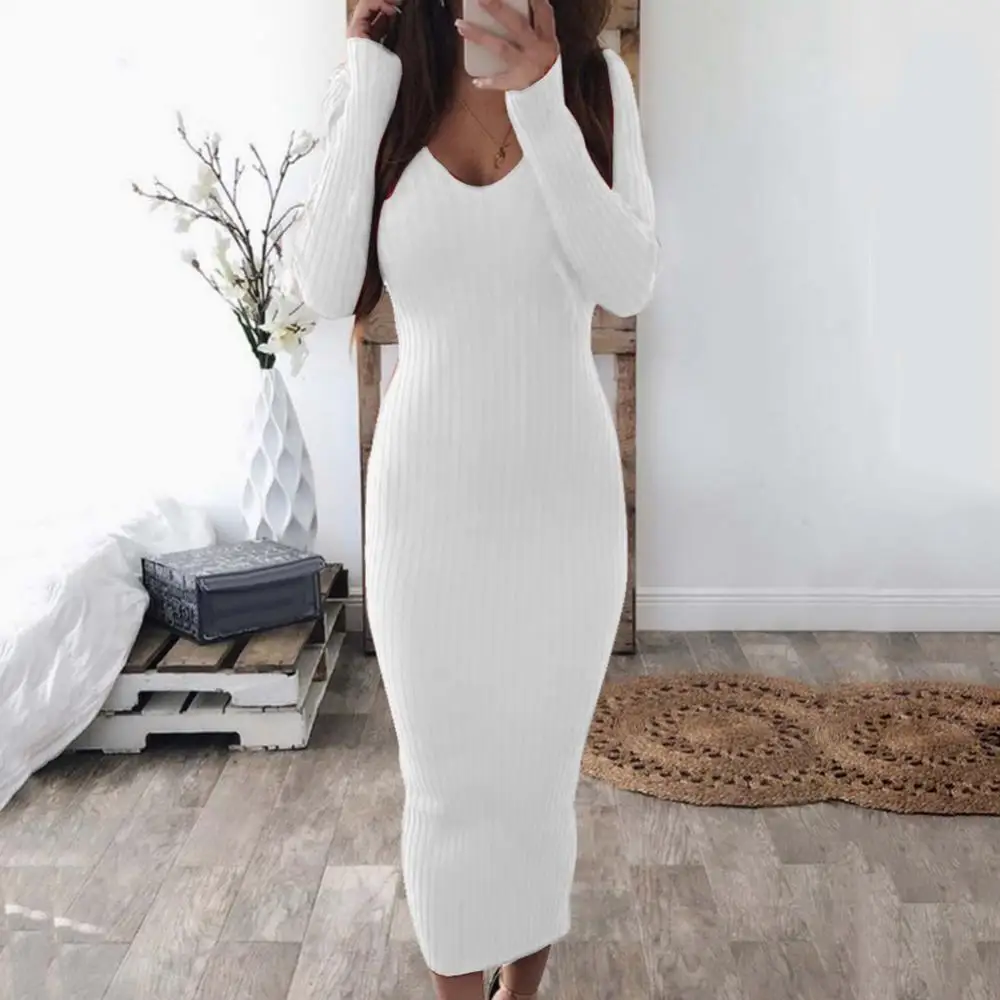 

Women Backless Long Sleeve Bodycon Dress Midi Dress Sexy Slim V Neck Ribbed Knitted Midi Dress