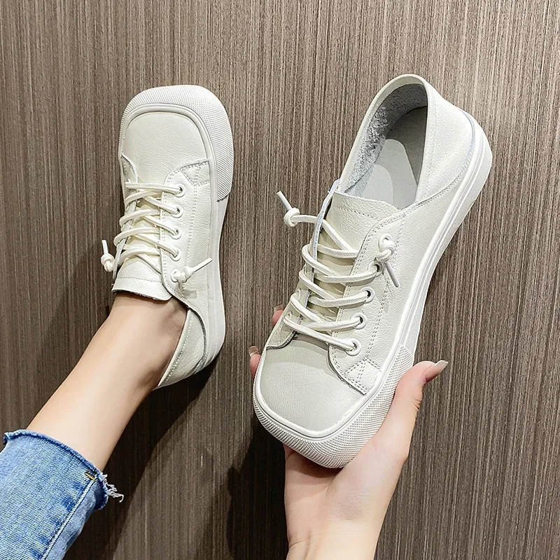 

Genuine Leather White Women's Shoes Ugly Cute Square Head with Soft Bottom Ladies Design Square Toe Flat Casual Shoes2024