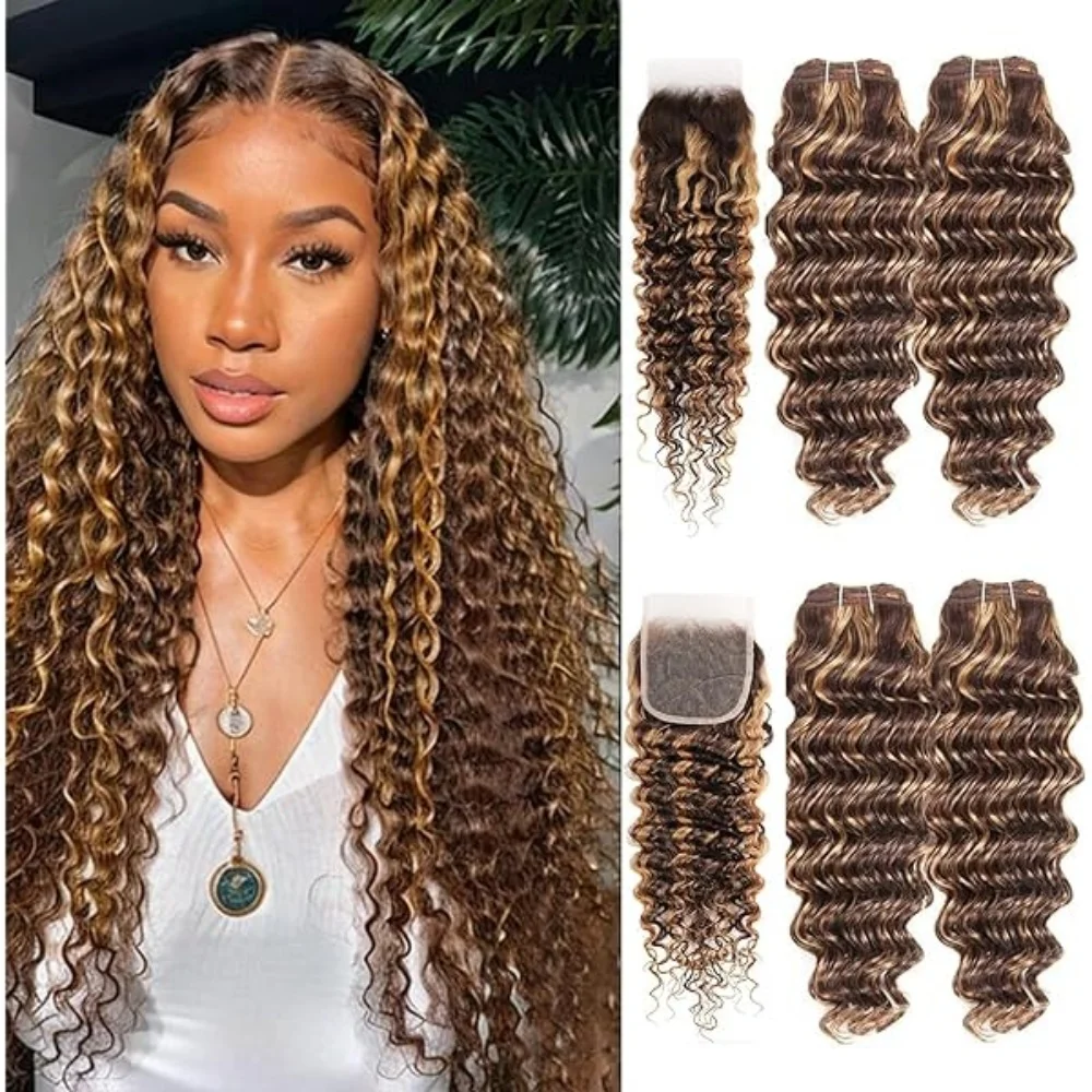 

P4/27 Свободные глубокие волны, 3 пучка с кружевной застежкой 4*4 HD (20 22 24 + 18 дюймов), медовый, блондин, коричневый цвет, 10 А, необработанное быстрое плетение