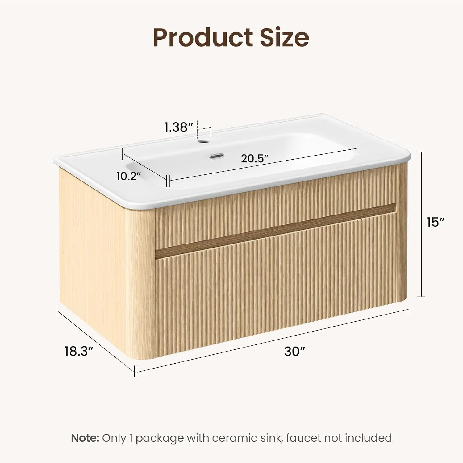 30 Inch Floating Bathroom Vanity with Ceramic Sink Combo, Solid Wood Curved Frame, Fluted Modern Wall Mounted, Customized
