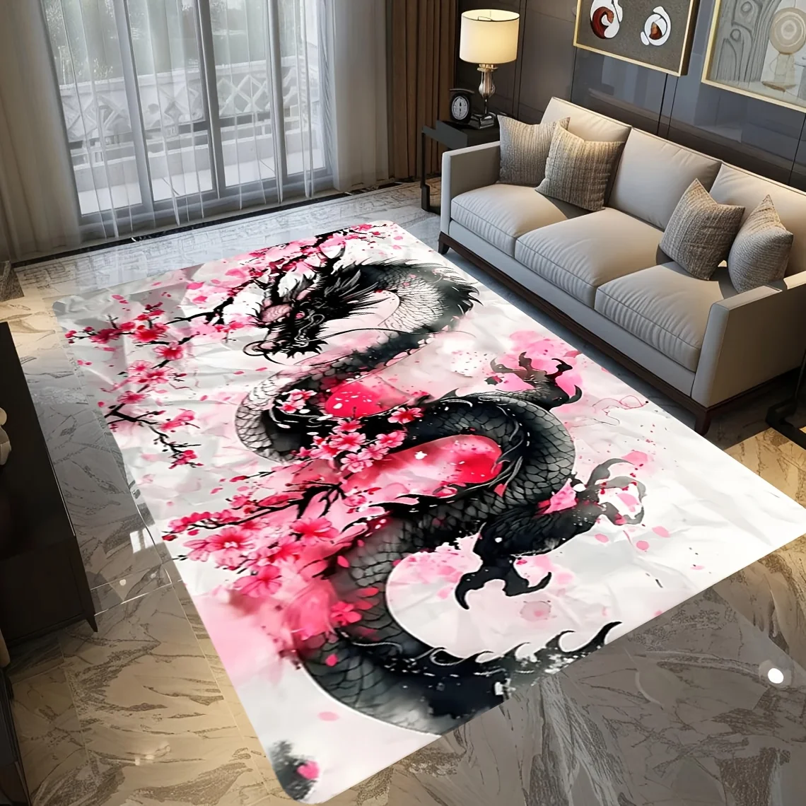 

plum blossom and black dragon Flannel-printed floor mats are slip-resistant Suitable for living room bedroom terrace carpets