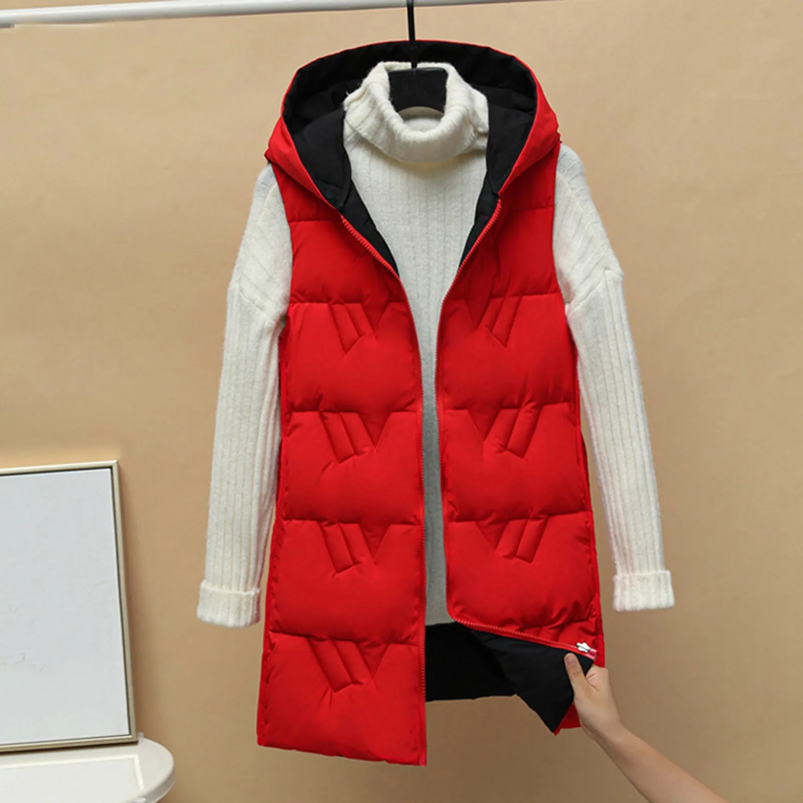 Women Vest Jacket Long Winter Down Vest With Hood Sleeveless Warm Down Jacket With Pockets Outdoor Waistcoat Outdoor Streetwear