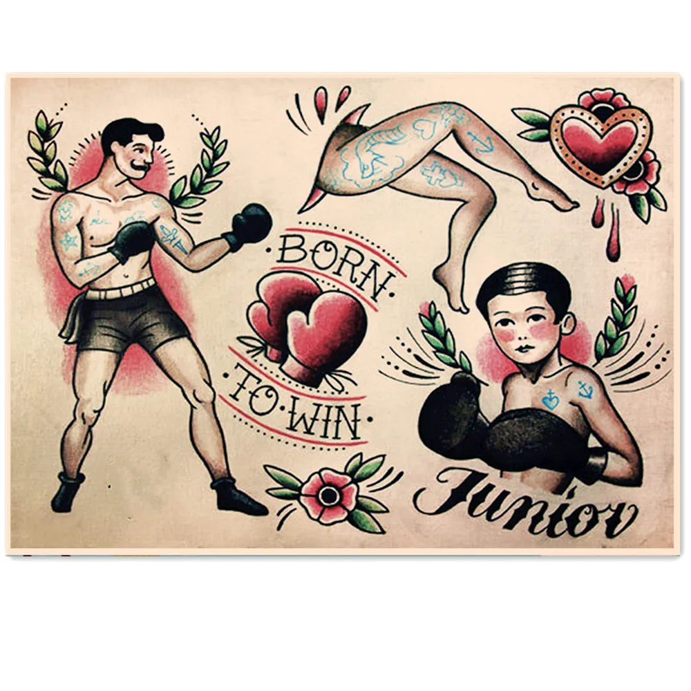 BORN TO WIN Tattoo Art Poster and Prints Wall Hanging Pictures Vintage Kraft Paper Print Painting Bedroom Living Room Decoration