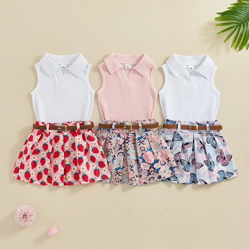 Pudcoco Little Baby Girl Summer Outfit, Lapel Neck Ribbed Tank Tops Strawberry Print Pleated Mini Skirt Belt Toddler Set 6M-4T