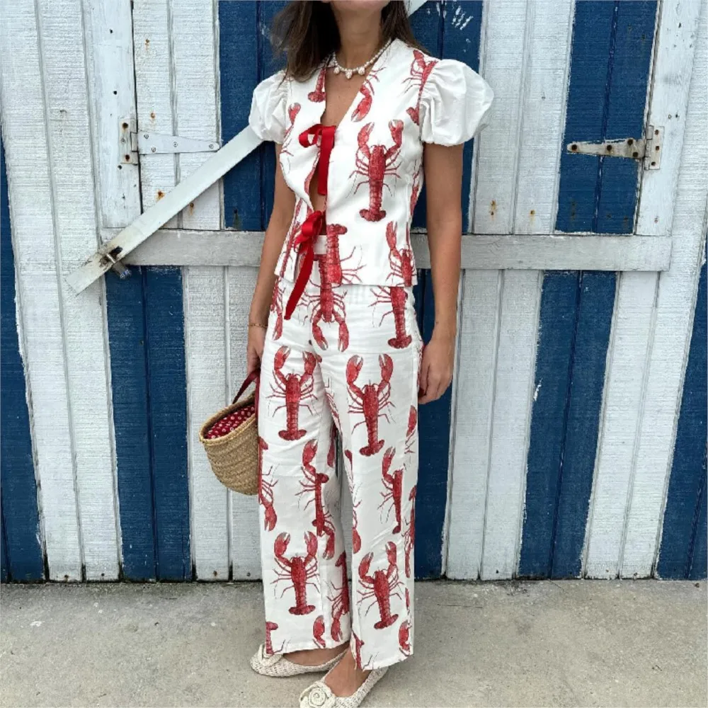 

Fashion Crayfish Print Bow Cardigan Women'S Two Piece Summer New Casual Bubble Short Sleeved Slim Trousers Holiday Female Set