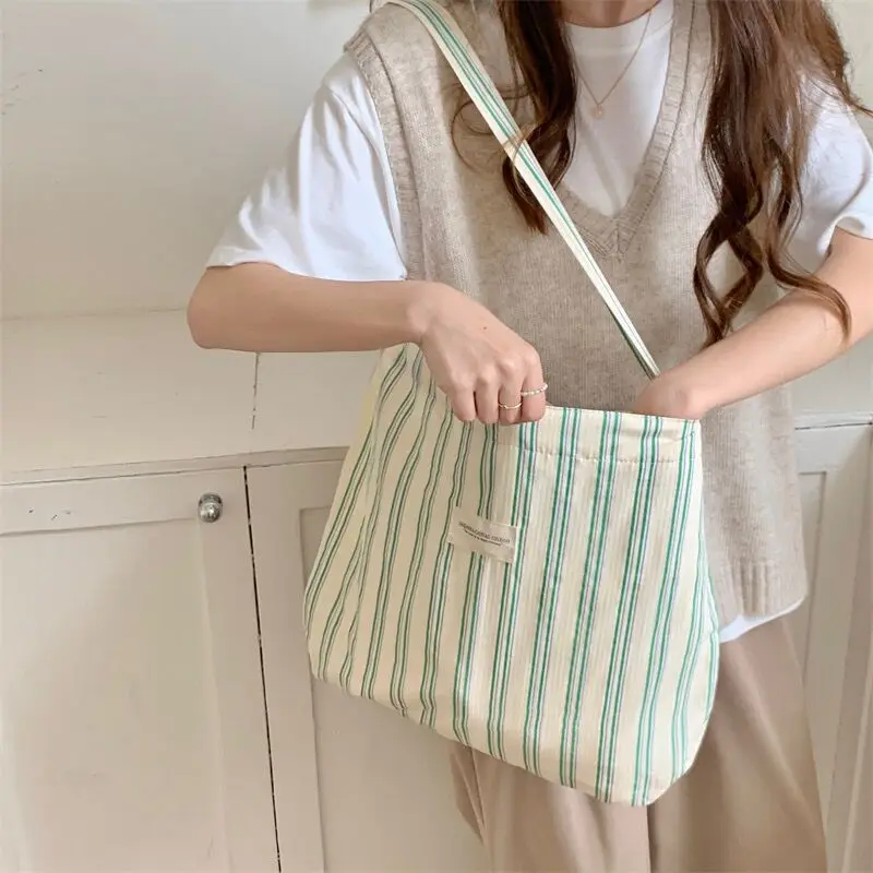 

New Summer Korea Splicing Striped Small Fresh Canvas Bag Simple Temperament Students Commuting Class Single Shoulder Cloth Bag