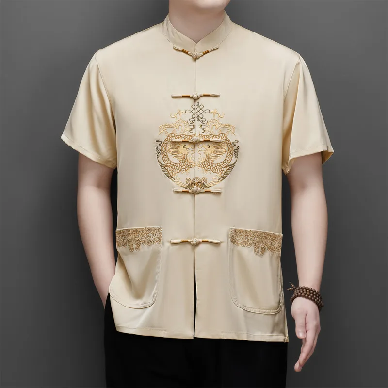 Men's Dragon-Embroidered Silk Shirt Summer Essential Red Navy Beige Short Sleeve Tang Style Tops Oriental Mandarin Collar Tunic
