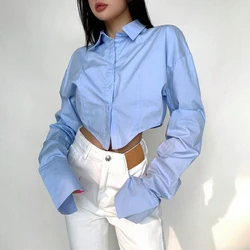 GIDYQ Spring Korean Women White Shirt Fashion Streetwear Sexy Crop Tops Harajuku Female Casual Button Long Sleeve Blouse New