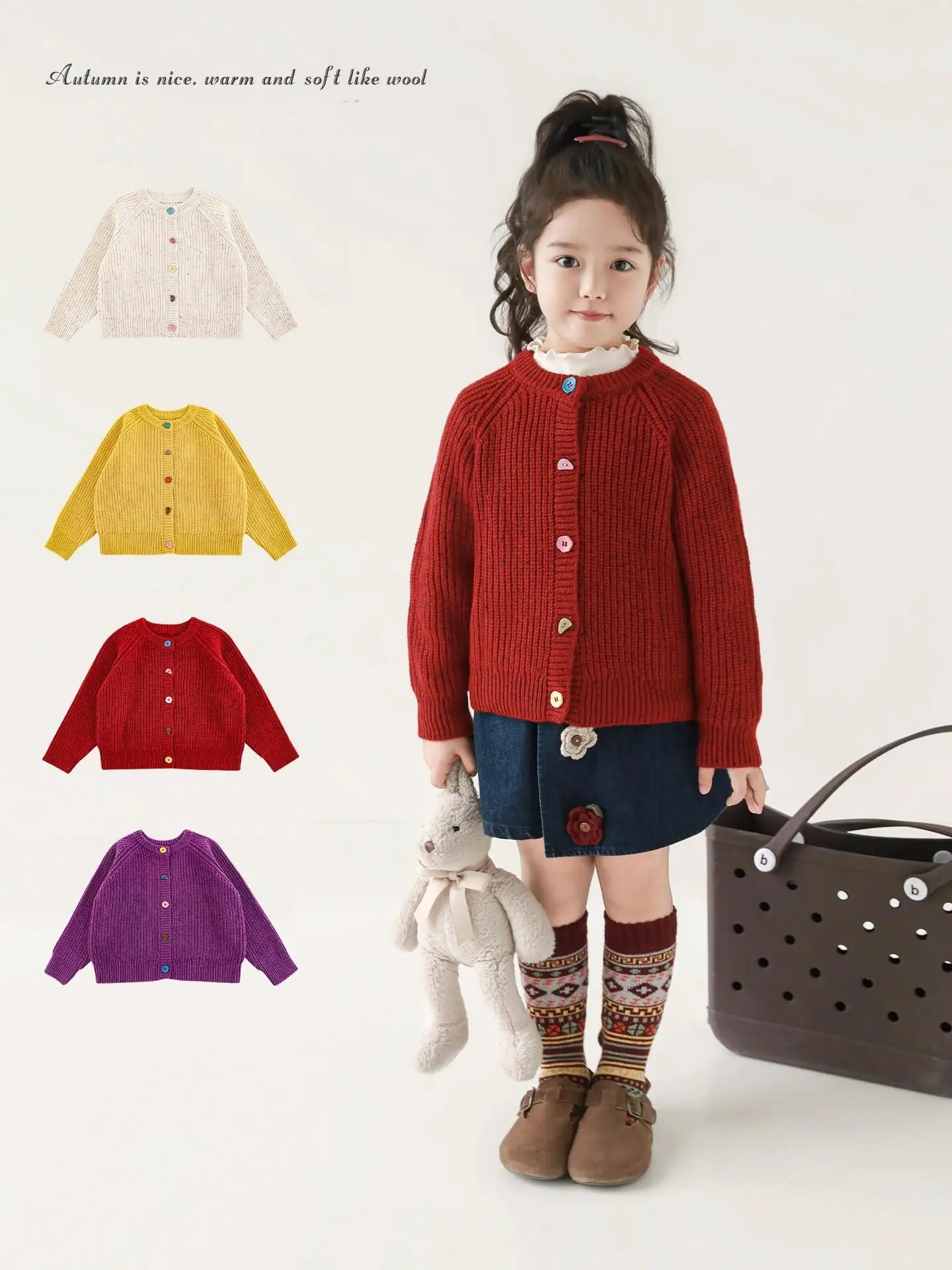 

Girls Color Dot Wool Blend Cardigan Retro Autumn Fluffy Soft Warm Raglan Sleeve Casual Top for 1-7 Years