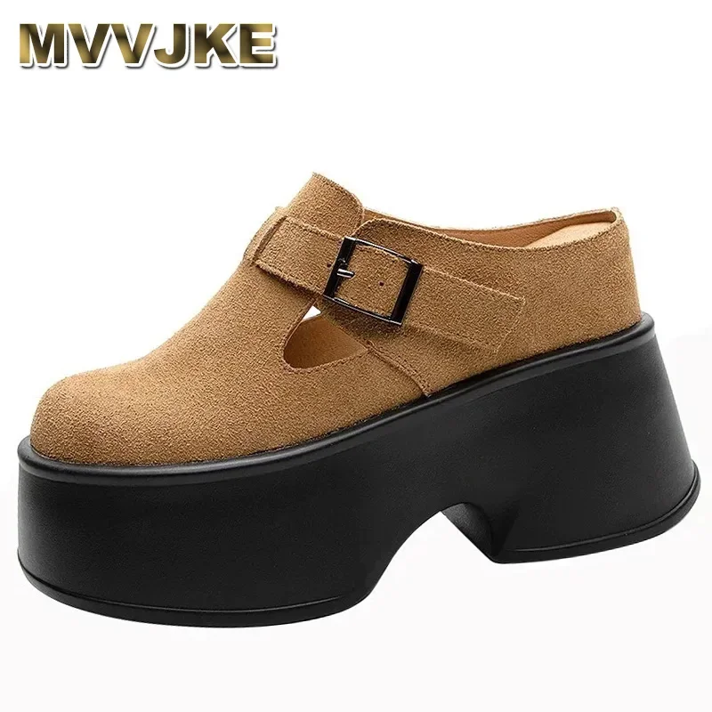 

11cm Natural Genuine Leather Super Thick Sole Platform Wedge Women Buckle Autumn Spring Hidden Heels Fashion Ladies Shoes