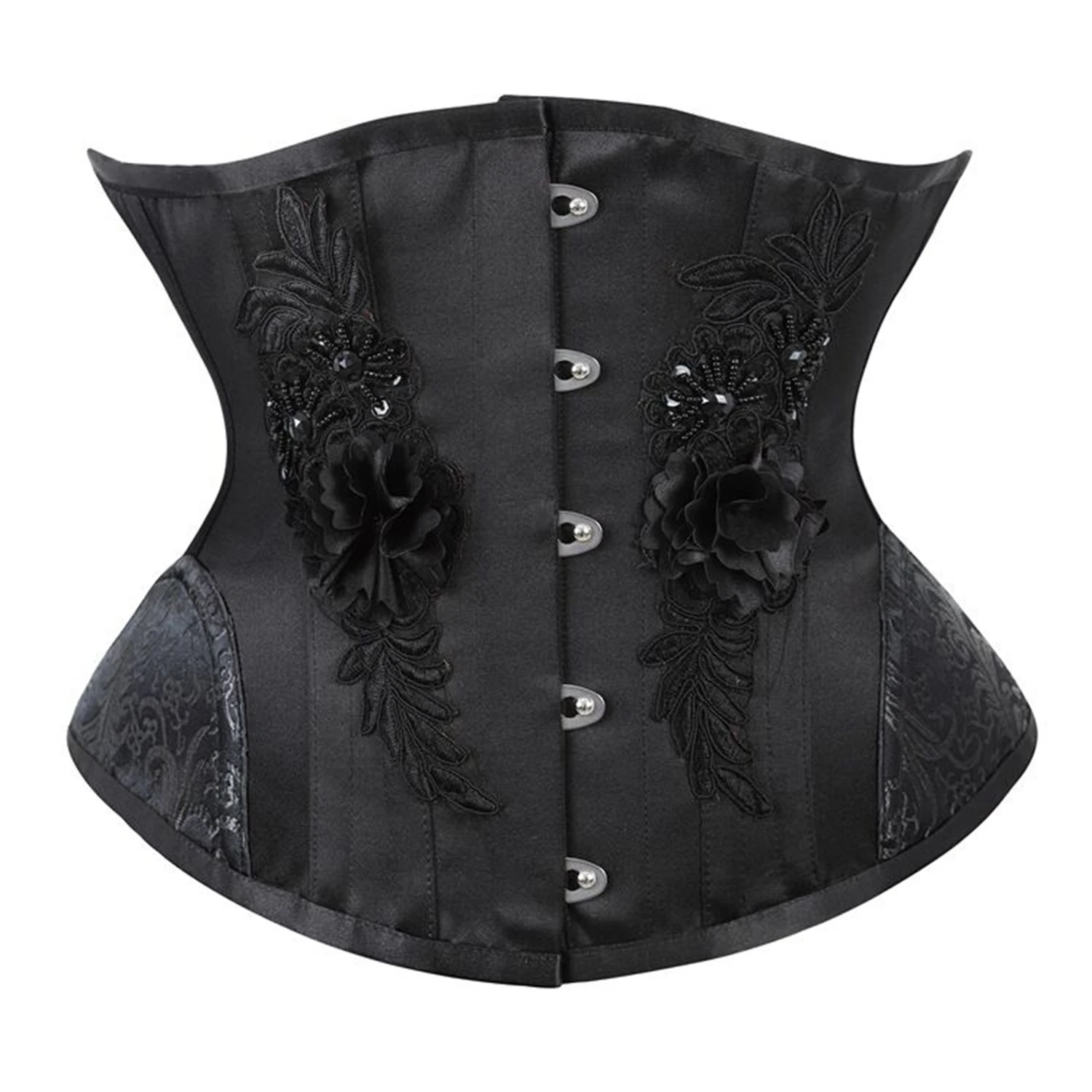 Black Satin Jacquard Corset with Embroidered Pattern Lace-Up Waist Cincher Court-Style Shaping Bustier for Women