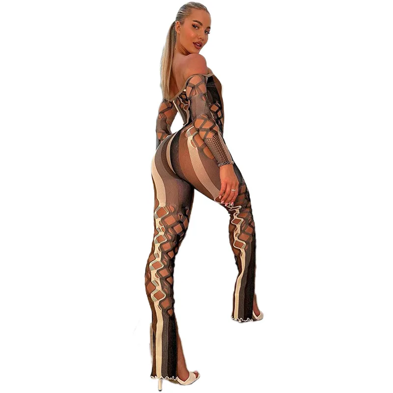 Mesh Stripe Women Jumpsuits Hipster Sexy Thin See Through Off Shoulder Hollow Sheath Overalls Female Attractive One Piece