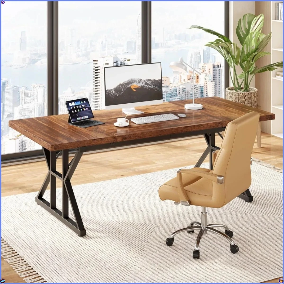 70.8-Inch Office Desk, Wooden Executive Office Desk, Modern Work Desk, Large Farmhouse Writing Table Computer Desk
