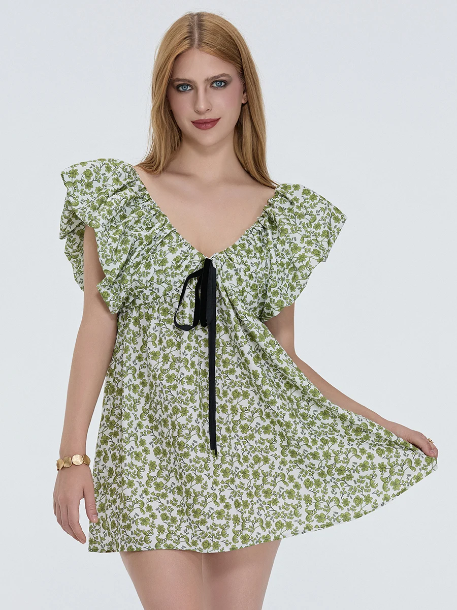 Mini robe à imprimé floral/citron/pois pour femmes, y2k, décontractée, style bohème, manches volantes, nœud papillon, col en v, plage, été