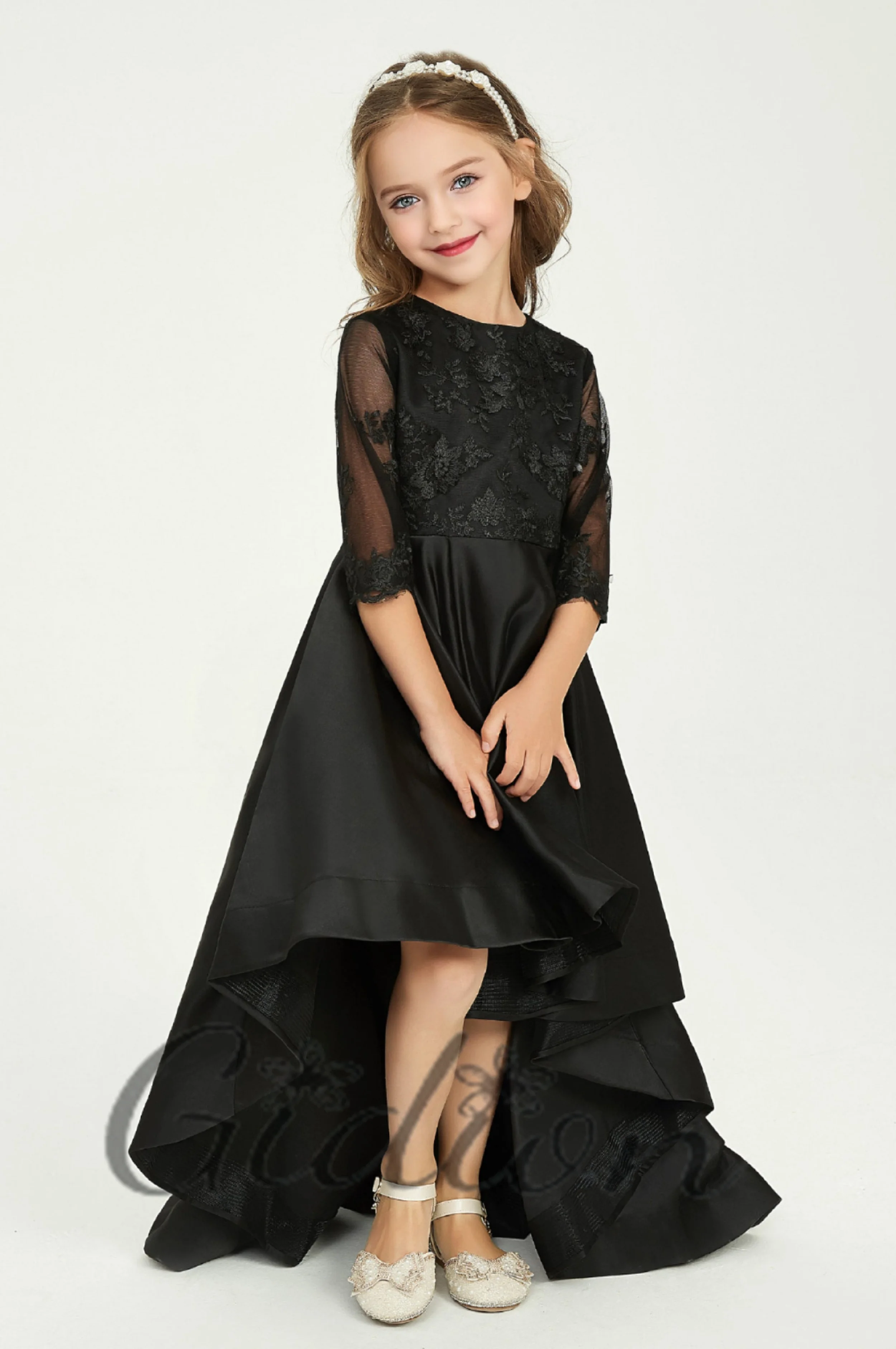 Lace Applique Satin Asymmetrical For Kids Flower Girl Dress Wedding Birthday Evening Party Event First Communion Ball-Gown Prom