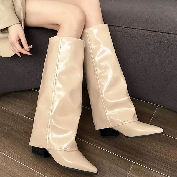 Chunk Leather High Boots Women Knee High Pointer Toe Heels Shoes Woman Trend Chelsea Boots New Pumps Mujer Snow Gladiator Botas