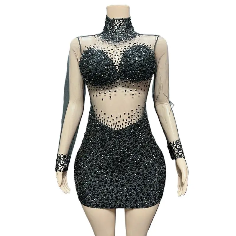 

New Black Mesh Diamond Party Elegant Slim Fit Short Dress For Woman