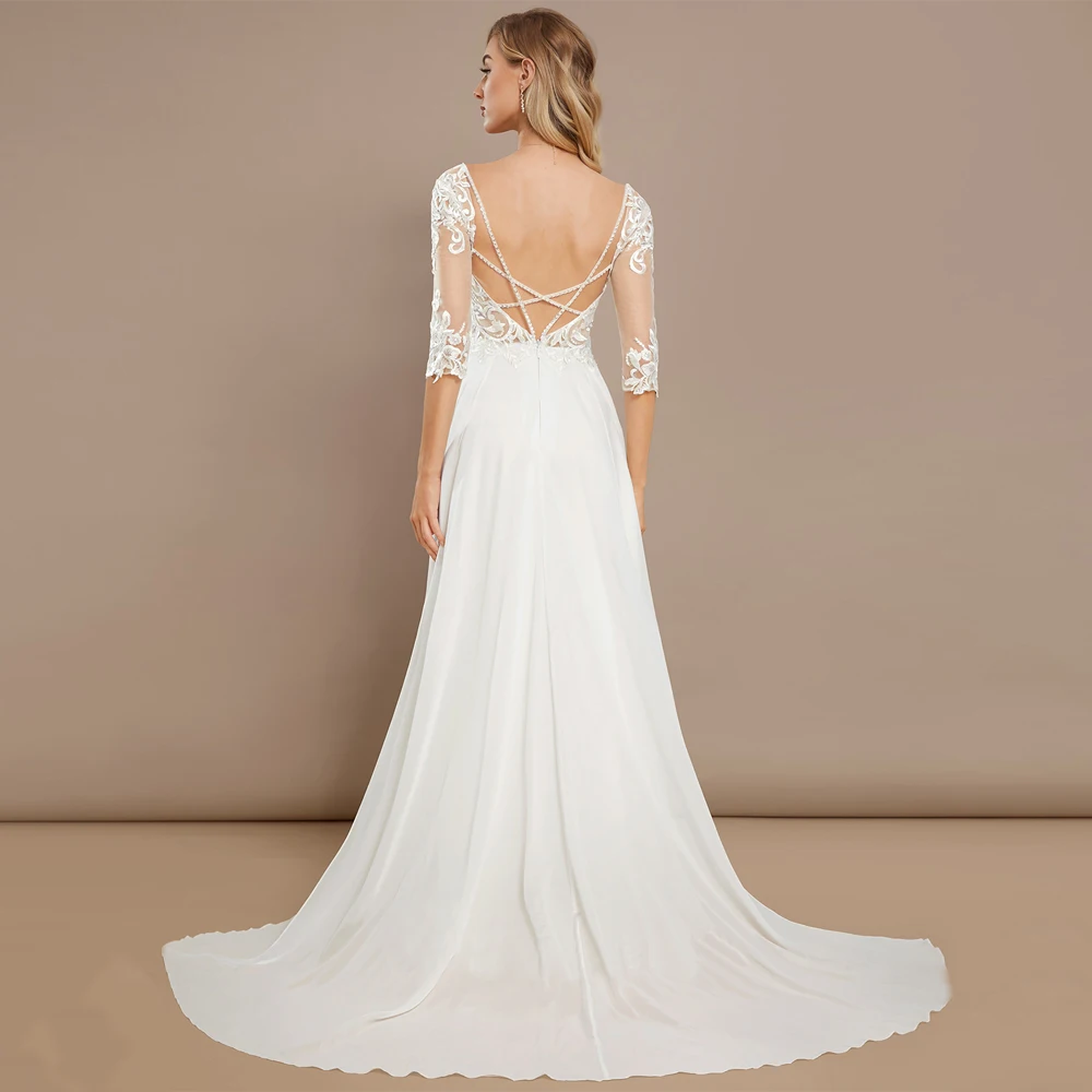 Elegant Deep V Neck Wedding Dresses Three Quarter Sleeves Applique Lace Bridal Grown Open Back Chiffon A Line Vestido De Noiva