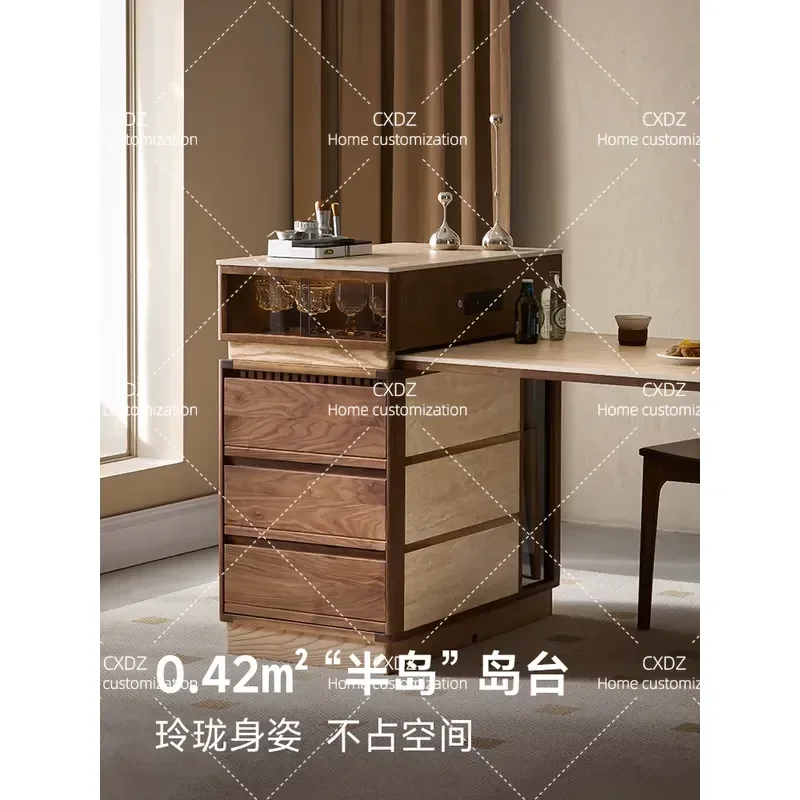 North American Black Walnut Rock Slab Island Dining Table Retractable Separate Side Cabinet for Living Room Small Apartment