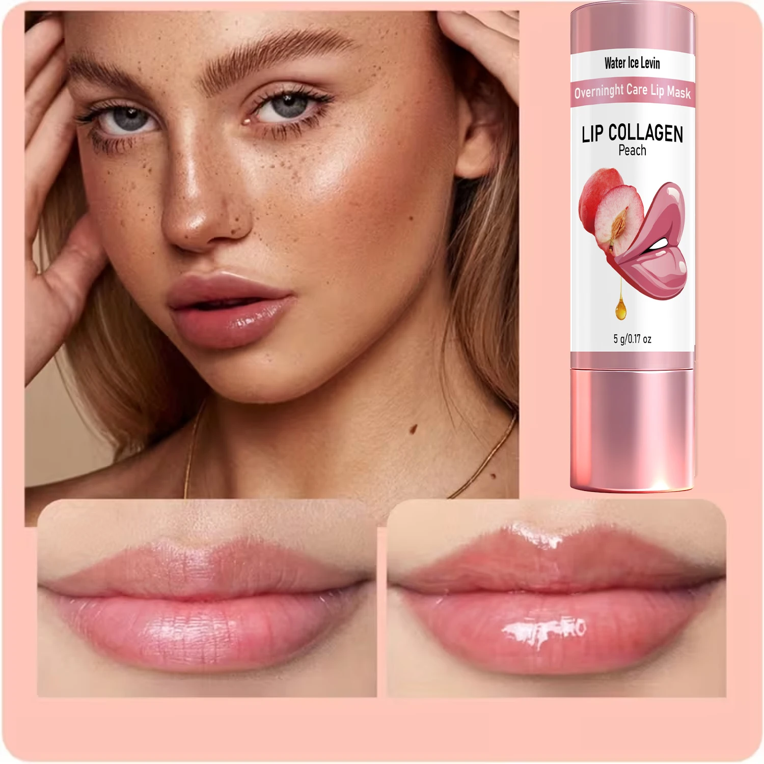 Water Ice Levin Lip Collagen Overnight Mask Peach Plump Nourishing Deep Moisture. Wake up Smooth Soft Radiant Lips. 5g.