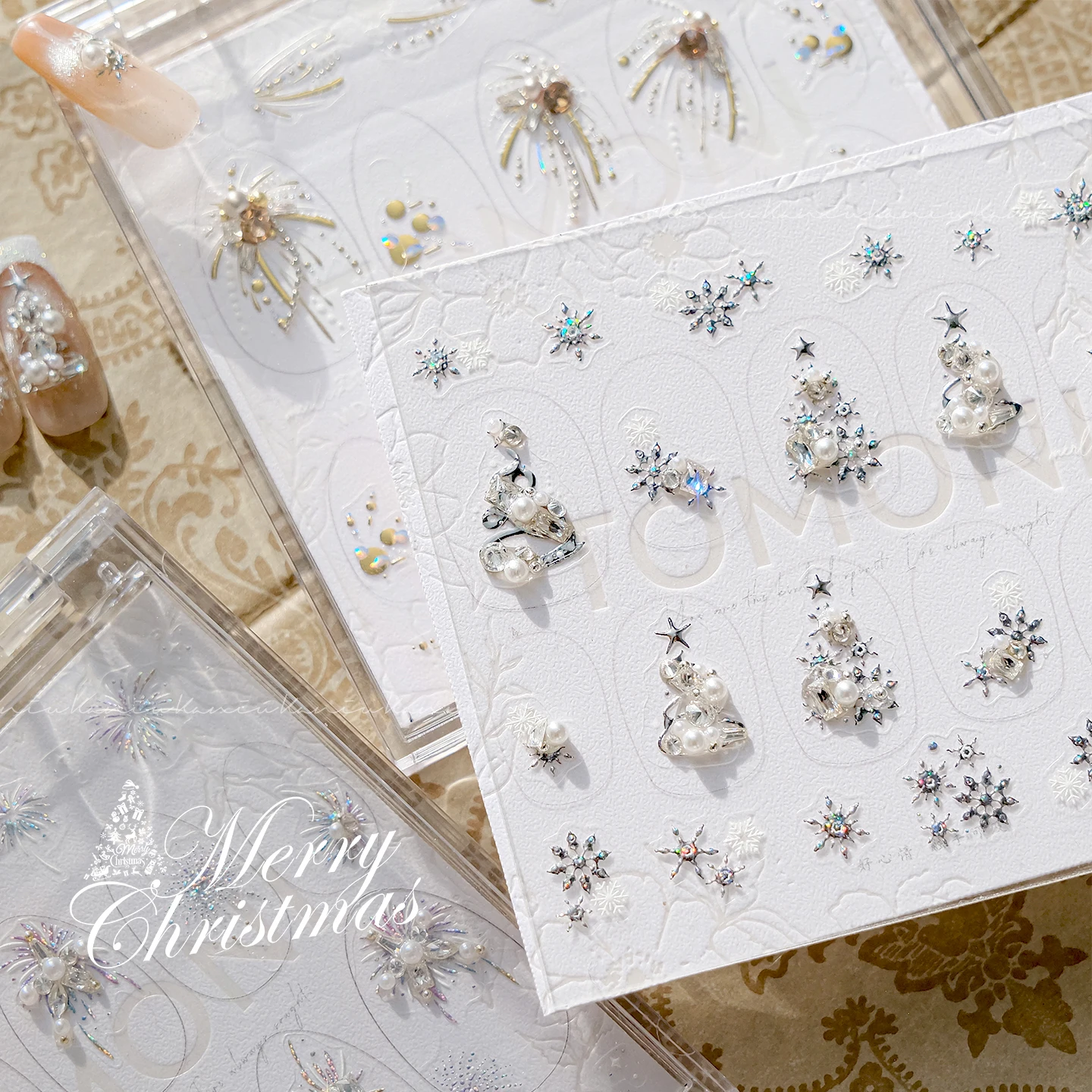 1/3 Sheet Christmas Pearl Diamond Nail Stickers Snowflake Star Nail Art Luxury Micro-set Diamond Metal DIY Manicure Decoration