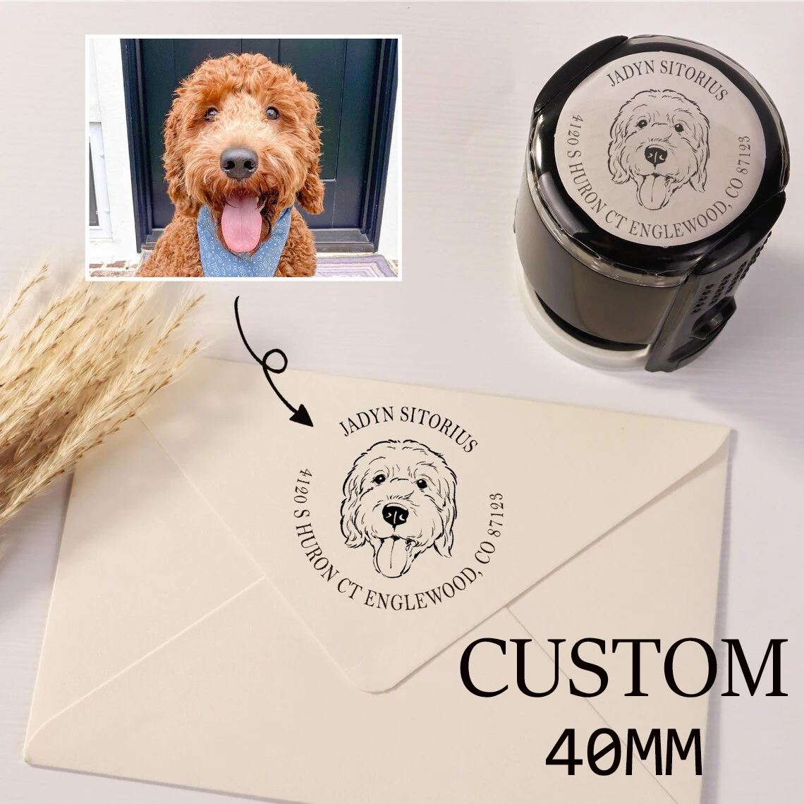 Benutzerdefinierter Haustierporträtstempel, 40 mm runder selbstfärbender individueller Textstempel, selbsttintender Stempel mit Hund, personalisierter Tierstempel, Haustiertinte