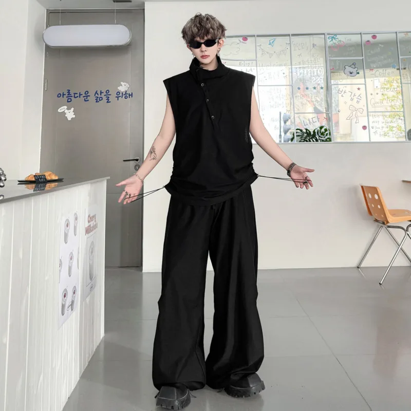 WVGA Spring Summer New Man Solid Color Stand Collar Button Decorated Vest Niche Chic Casual Straight Pants Two Pieces Set W22006