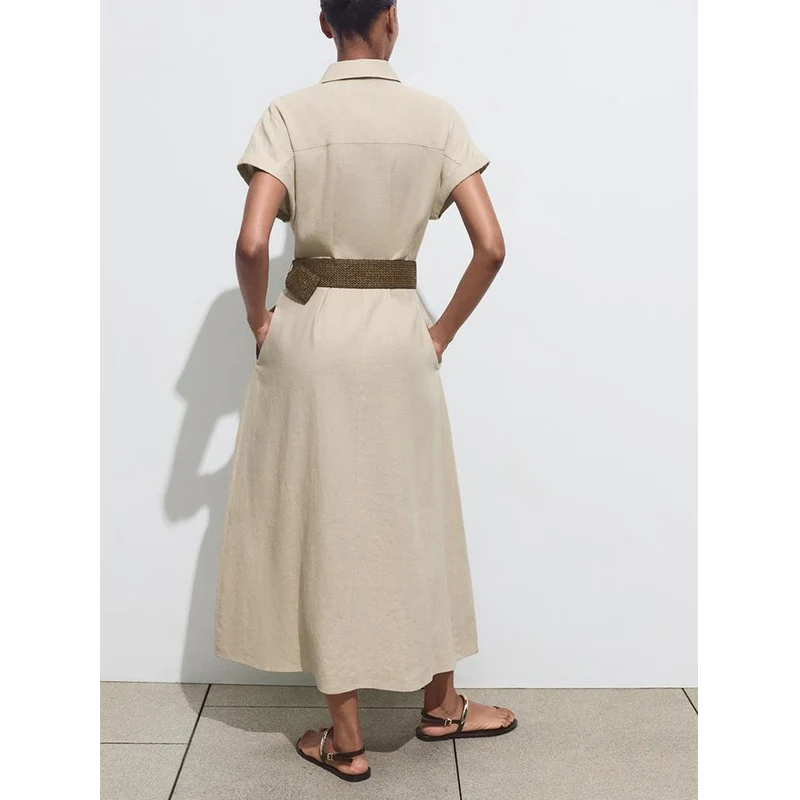 Letnia Nowa Damska Spódnica Midi z Kołnierzykiem, Mankietami, Paskiem, z Mieszanki Lnu, z Wysokim Stanem, w Kształcie Litery A, z Włókna Poliestrowego