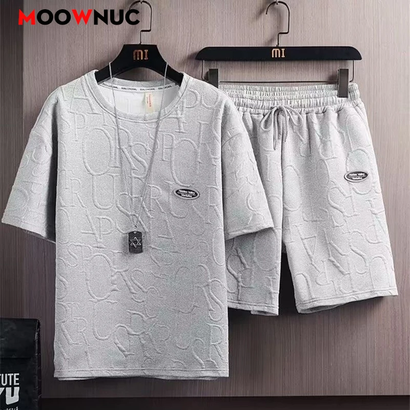 

Men's Casual 2-Piece Sportswear Set Streetwear Fashion Tracksuit T-shirts and Shorts Camping Clothes Beach Pant New