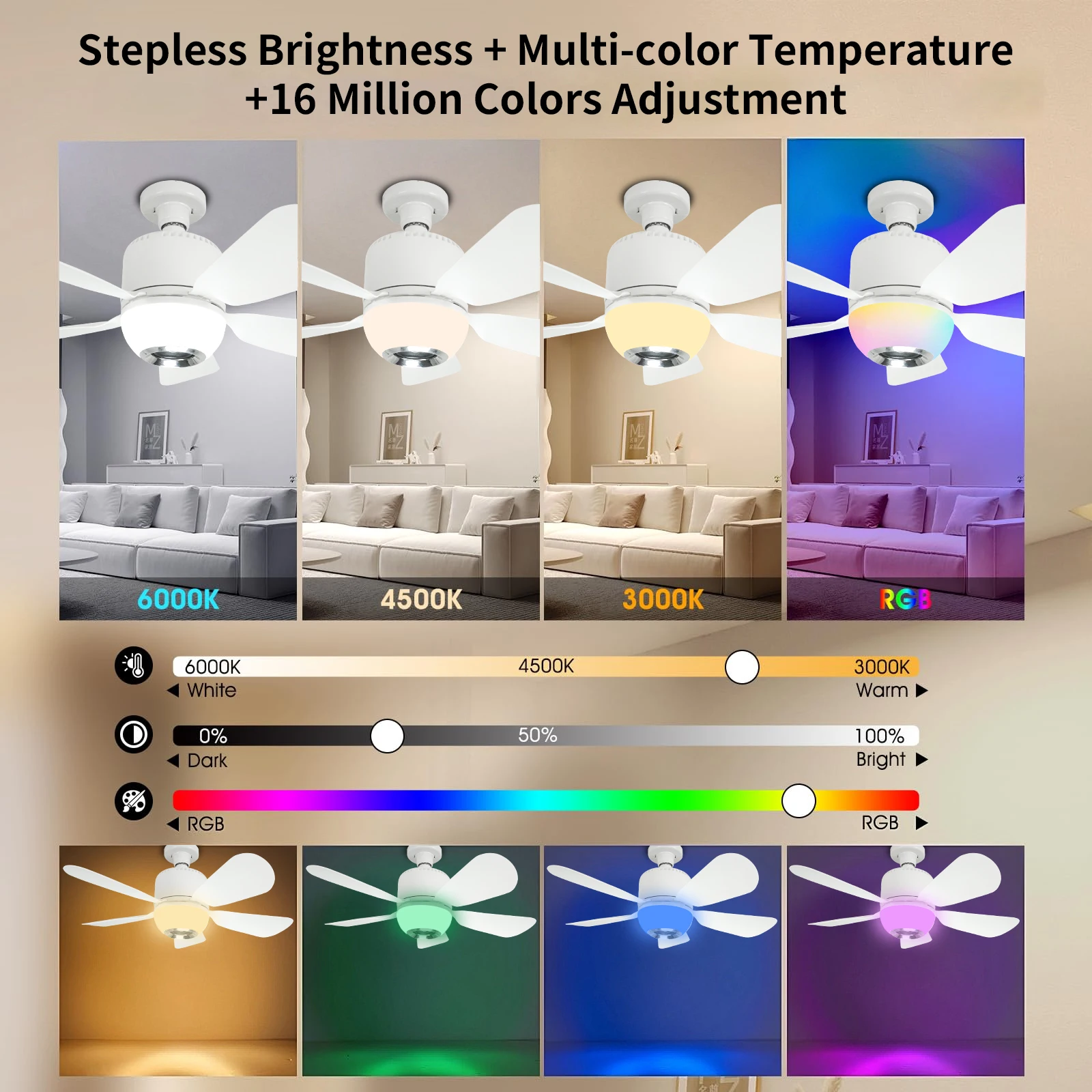 RGB Smartphone Application, E27 Ceiling Fan with Sound Dimming Mode, 3-speed Remote Control Electric Fan, App RC Ceiling Fan