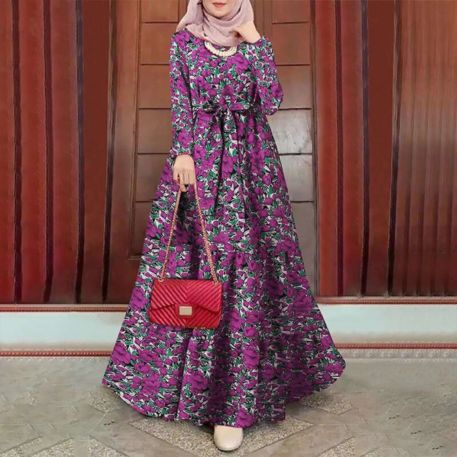 

Vantage Floral Printed Muslim Long Maxi Dress Long Sleeve Lace Up Loose Big Swing Robe Women Casual Pleated A Line Dress