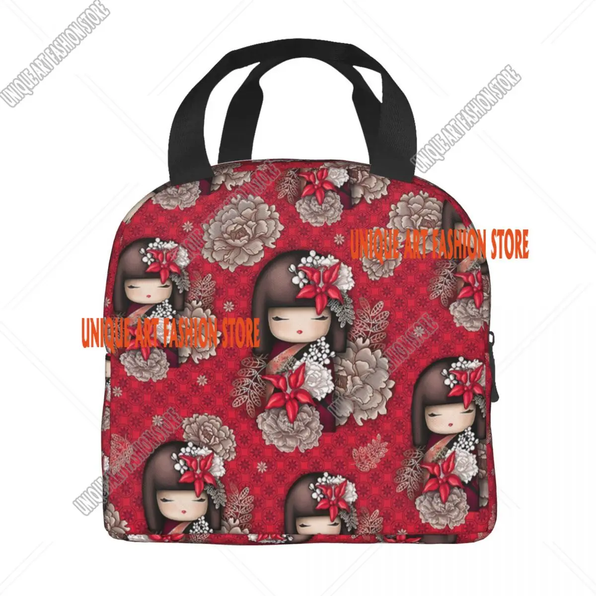 Borsa da pranzo isolata giapponese per bambola Sakura Kokeshi rossa personalizzata per le donne Bento Box termico a tenuta stagna per bambini in età scolare