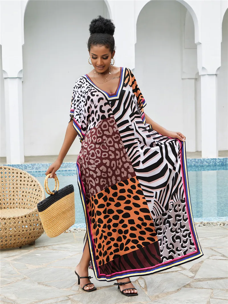 Leopard-女性用ボヘミアンビーチドレス,バットウィングスリーブのプリントキルティング衣装,ラージサイズ,カフタン,ビーチウェア,水着カバーアップ