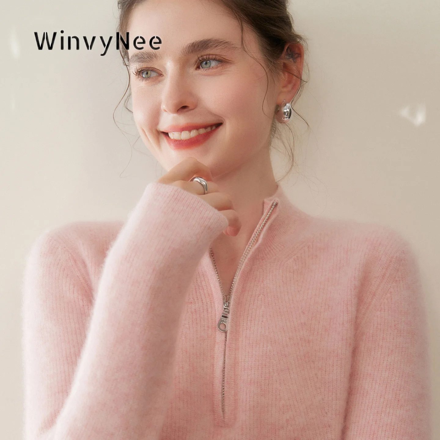 WinvyNee Women Wool Cashmere Pullover Solid Half Zip Mock Neck Knit Tops Lightweight Cozy Apparel Fashion Autumn Winter A1054054