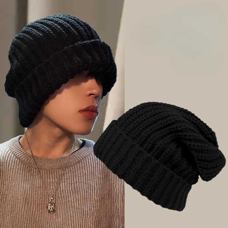 Fashion Hip Hop Y2k Black Hat Men Autumn Winter Head Warmer Korean Style 2000s Aesthetic Grunge Knitted Woolen Cap Women Beanie