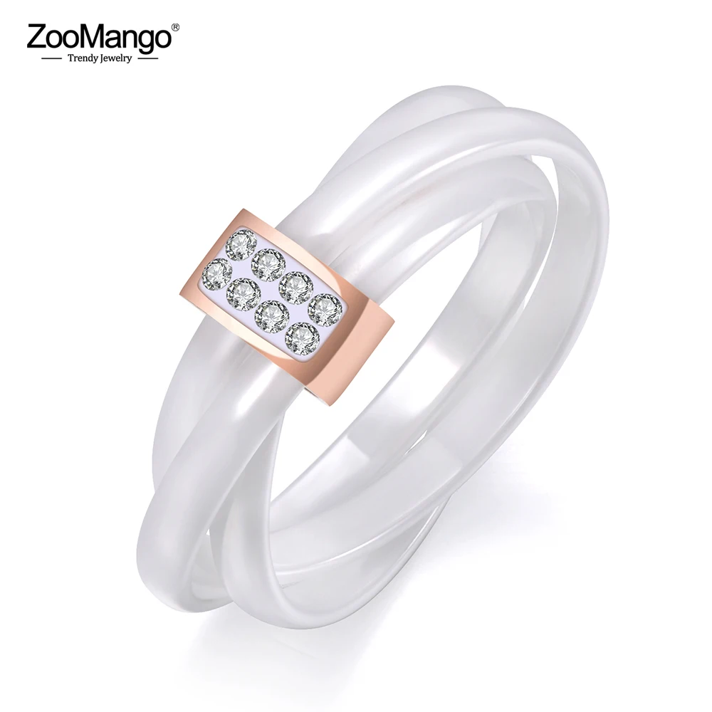 ZooMango 3 Layers Black/White Ceramic Crystal Wedding Rings Jewelry Rose Gold Color Stainless Steel Rhinestone Ring ZR19066