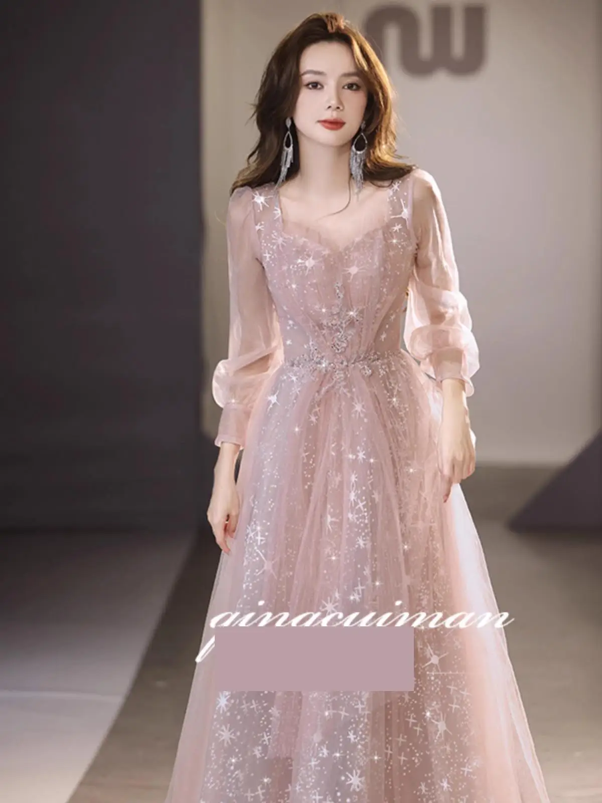 Long Sleeved Evening Gown Party Style Light Luxury Niche Luxury Pink Sequins Starry Sky Coming Of Age Birthday Gown Customized