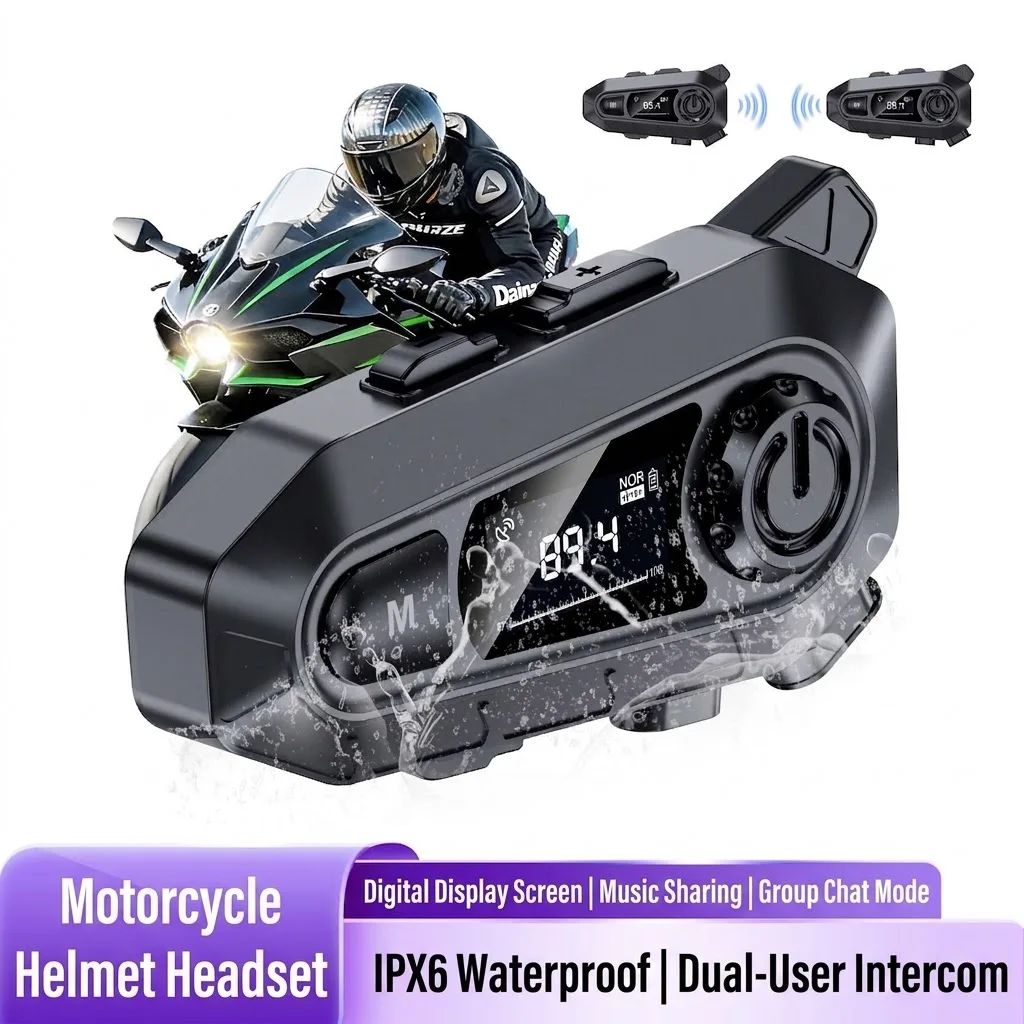 Motorcycle Helmet Bluetooth Headset 500M Intercom IPX6 Waterproof LCD Display Music Share Group Talk Motorbike Riding Headphone