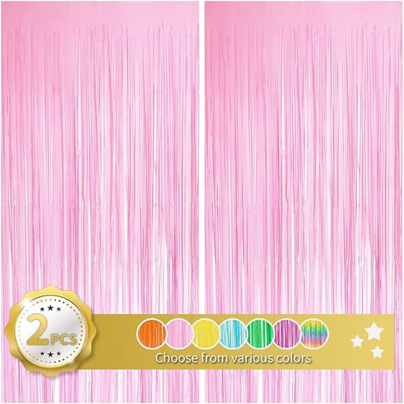 2pcs Pink Backdrop Foil Curtain Macaron White Tinsel Foil Fringe Curtains Birthday Party Wedding Baby Shower Photo Backdrop Deco