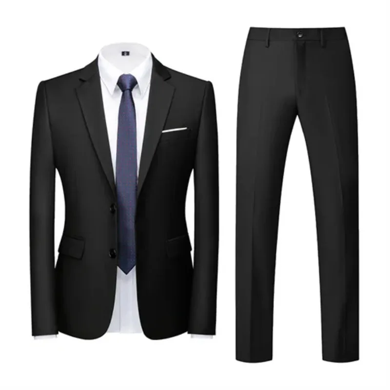 

(Blazer + Pant) Men Banquet Groom Wedding Suit 2Piece Male Formal Business Social Ball Party Pure Color Tuxedo Dress Set