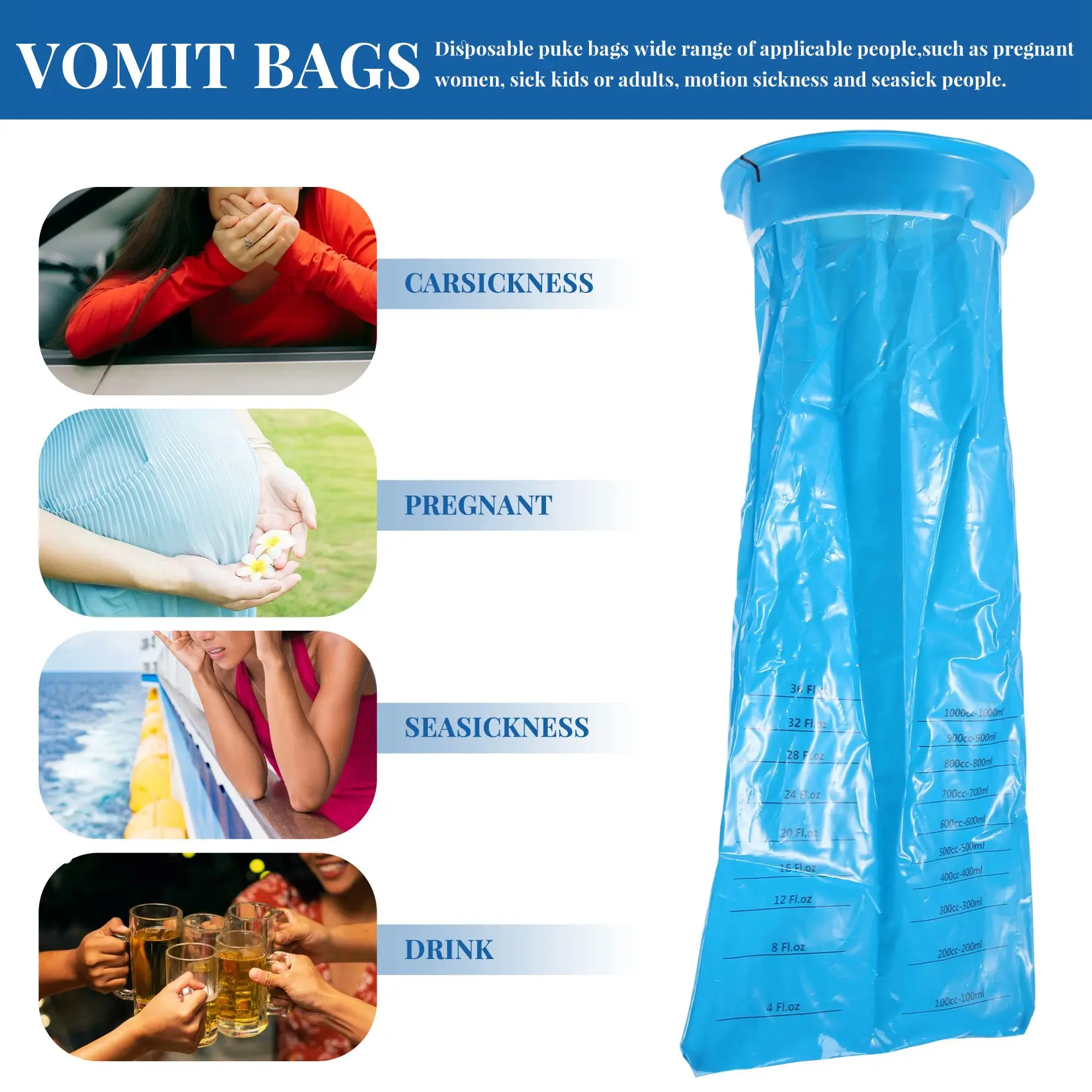 20Pcs Disposable Vomit Bags , Emesis Bags, Aircraft & Car Sickness Bag, Nausea Bags for Travel Motion Sickness