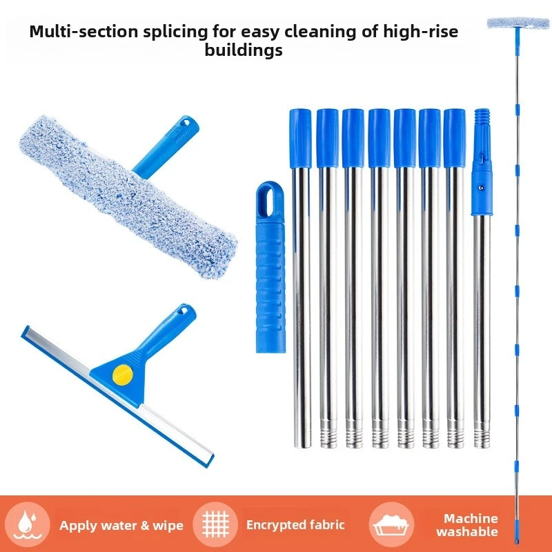 Telescopic glass scraper equipped with dedicated connecting‑rod cleaning brush convenient for high‑place cleaning work suitable